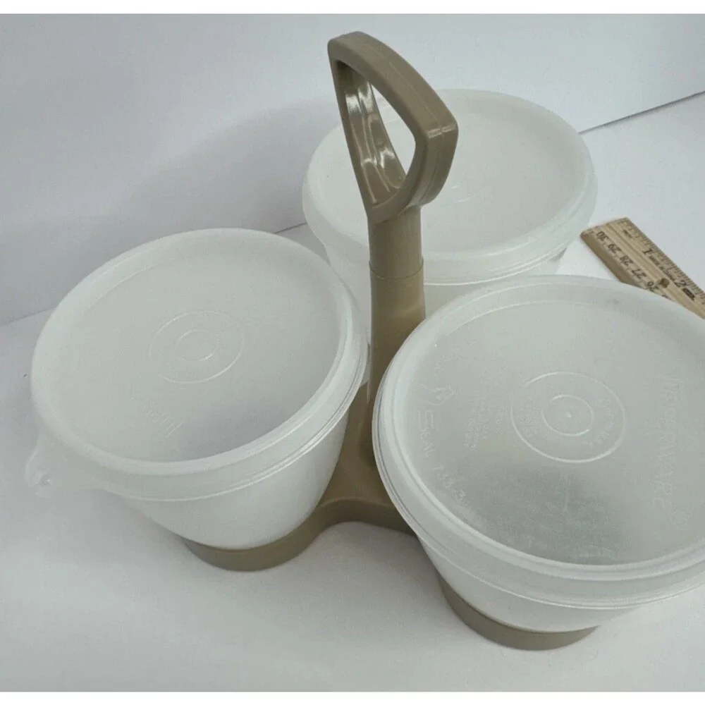 Vintage TUPPERWARE Triple Condiment Serving Caddy Handle Removable Bowls & Lids